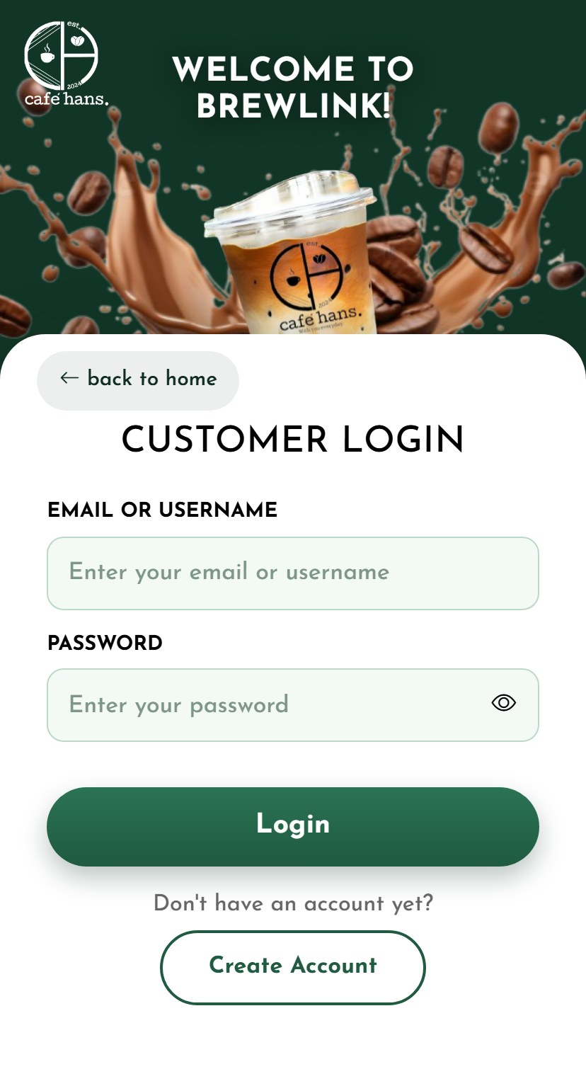BrewLink's Customer Login screen on a phone